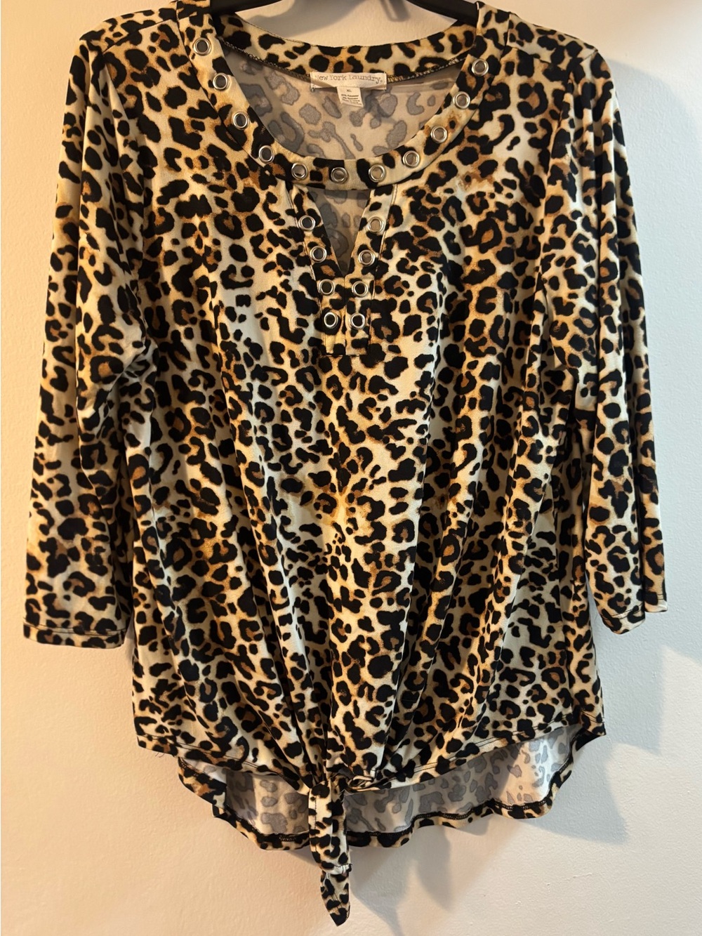 New York Laundry Leopard-Print Long Sleeve Top in Beige, Black